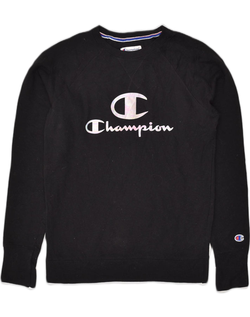 CHAMPION Womens Graphic Sweatshirt Jumper UK 14 Medium Black Cotton Vintage Second Hand Clothing Online Messina Hembry