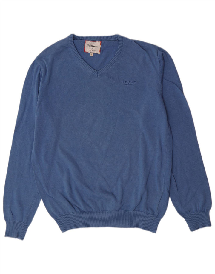 PEPE Jeans Mens V-Neck Jumper Sweater Medium Blue Cotton