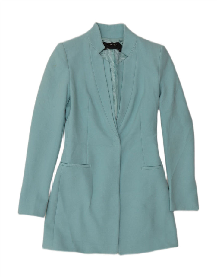 Zara Womens 1 Button Longline Blazer Jacket UK 6 XS Blue Acetate