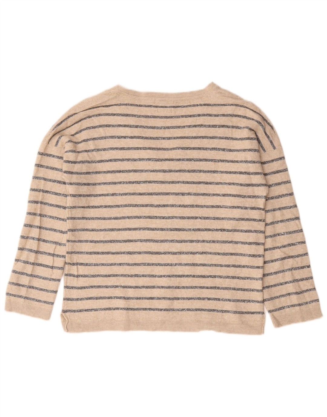 Massimo Dutti Womens V-Neck Jumper Sweater UK 10 Small Beige Striped