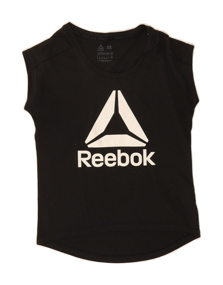 REEBOK Womens Graphic T-Shirt Top UK 4/6 XS Black Polyester Vintage Reebok and Second-Hand Reebok from Messina Hembry 