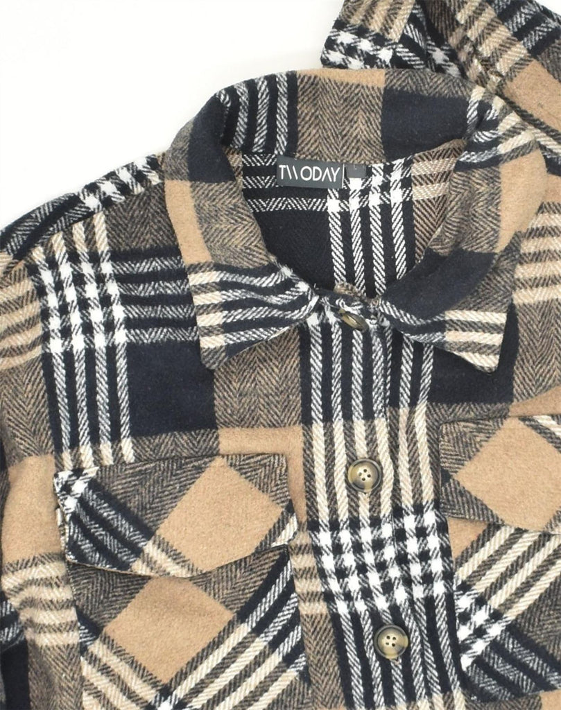 VINTAGE Womens Fleece Shirt UK 16 Large Brown Plaid Polyester | Vintage Vintage | Thrift | Second-Hand Vintage | Used Clothing | Messina Hembry 