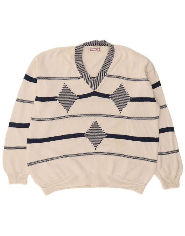 Stefanel Mens V-Neck Jumper Sweater XL White Argyle/Diamond