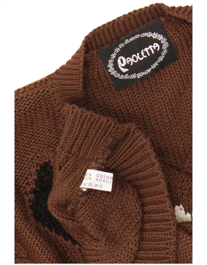 Vintage Womens V-Neck Jumper Sweater UK 12 Medium Brown Argyle/Diamond
