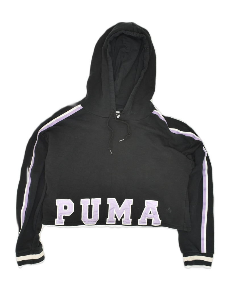 PUMA Womens Crop Graphic Hoodie Jumper UK 10 Small Black Cotton | Vintage Puma | Thrift | Second-Hand Puma | Used Clothing | Messina Hembry 