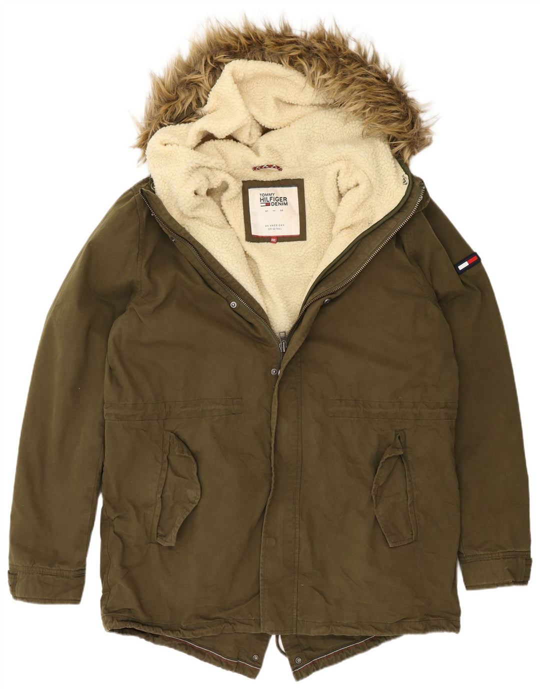 Tommy Hilfiger Mens Hooded Parka Jacket UK 44 2XL Khaki Polyester