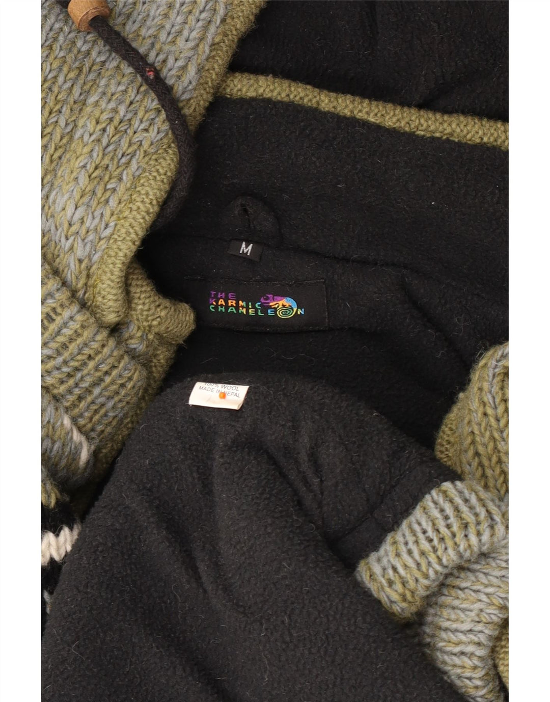 VINTAGE Mens Hooded Cardigan Sweater Medium Khaki Fair Isle Wool