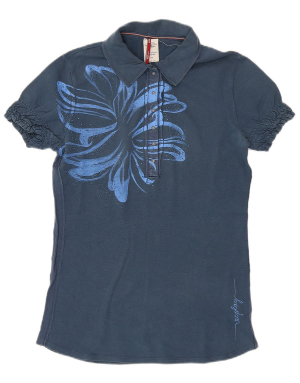Replay Womens Polo Shirt UK 12 Medium Navy Blue Floral Cotton