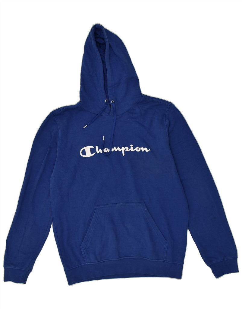 CHAMPION Mens Graphic Hoodie Jumper Medium Blue Cotton | Vintage Champion | Thrift | Second-Hand Champion | Used Clothing | Messina Hembry 