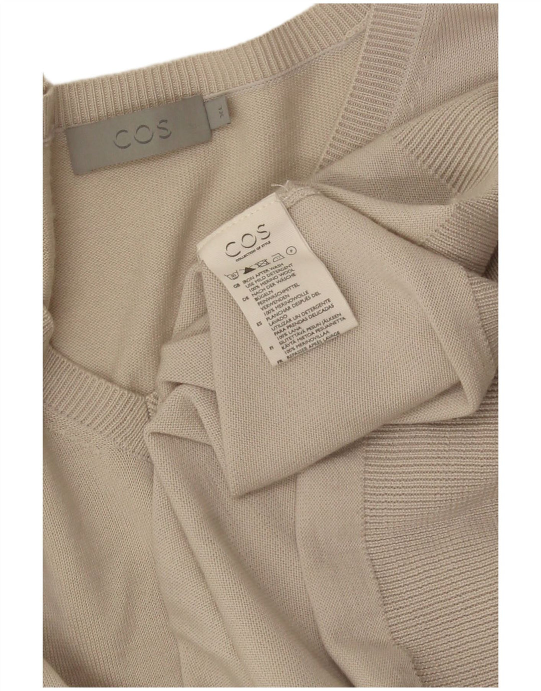 Cos Mens V-Neck Jumper Sweater XL Beige Merino Wool