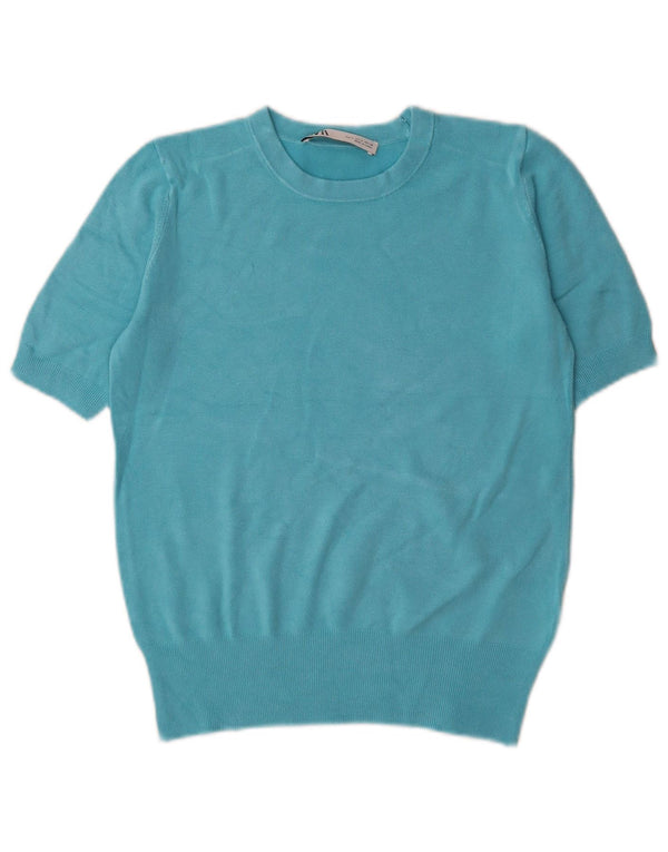 Zara Womens Short Sleeve Crew Neck Jumper Sweater UK 10 Small Blue Viscose