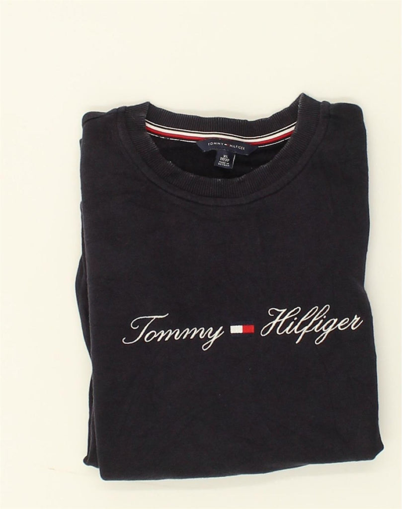 TOMMY HILFIGER Womens Graphic Sweatshirt Jumper UK 6 XS Navy Blue Cotton | Vintage Tommy Hilfiger | Thrift | Second-Hand Tommy Hilfiger | Used Clothing | Messina Hembry 