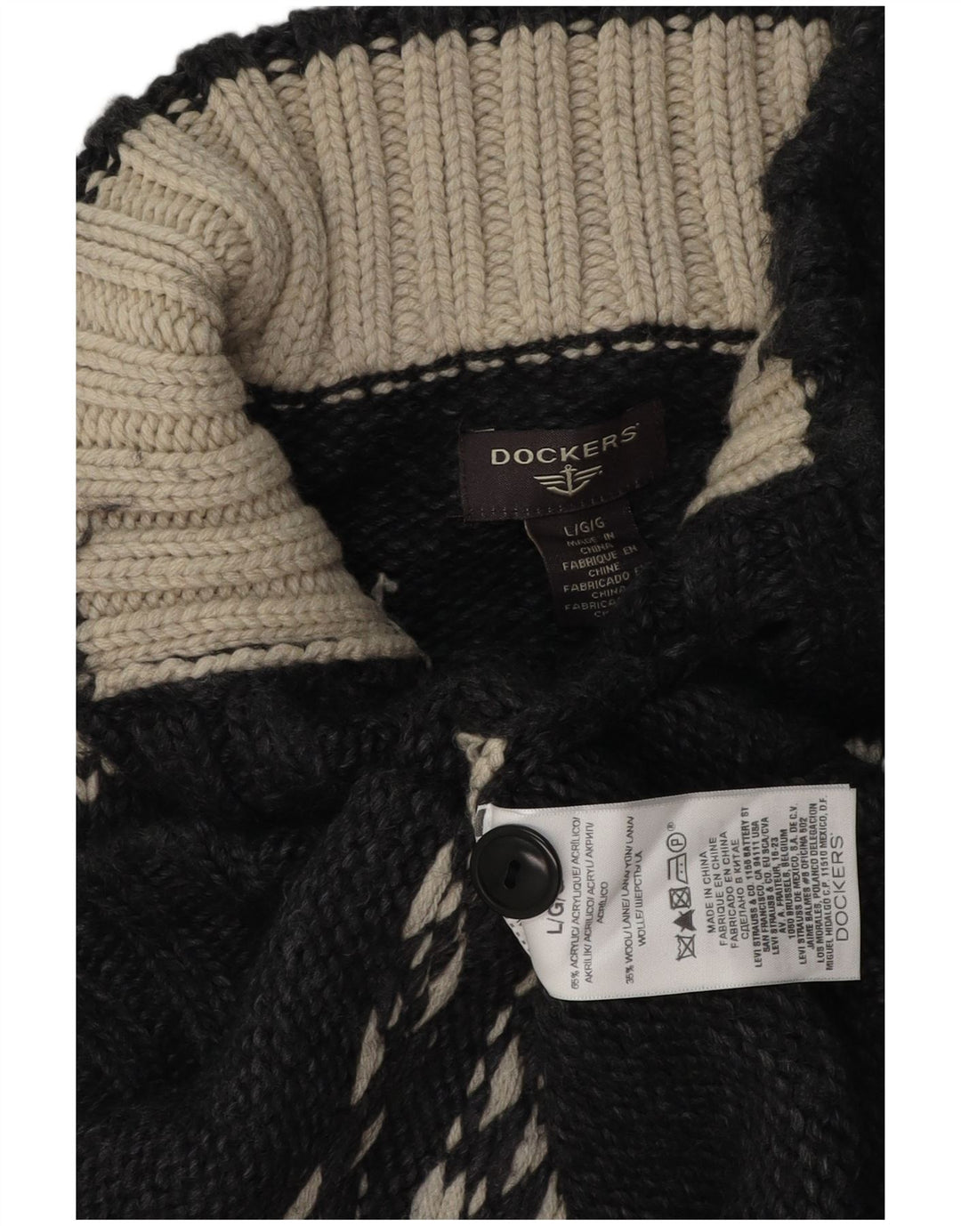 Dockers Mens Button Neck Jumper Sweater Large Grey Fair Isle Acrylic