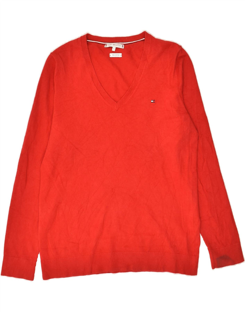 TOMMY HILFIGER Womens V-Neck Jumper Sweater UK 14 Large Red Cotton | Vintage Tommy Hilfiger | Thrift | Second-Hand Tommy Hilfiger | Used Clothing | Messina Hembry 