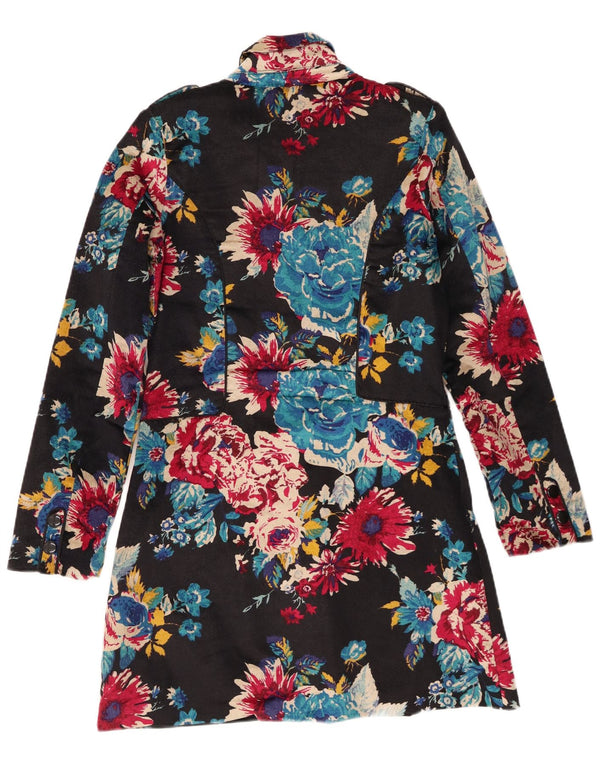Vintage Womens Velvet Military Overcoat UK 6 XS Black Floral Cotton