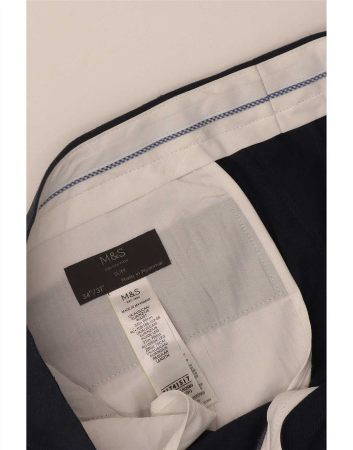 Marks & Spencer Mens Slim Suit Trousers W34 L31 Navy Blue Cotton