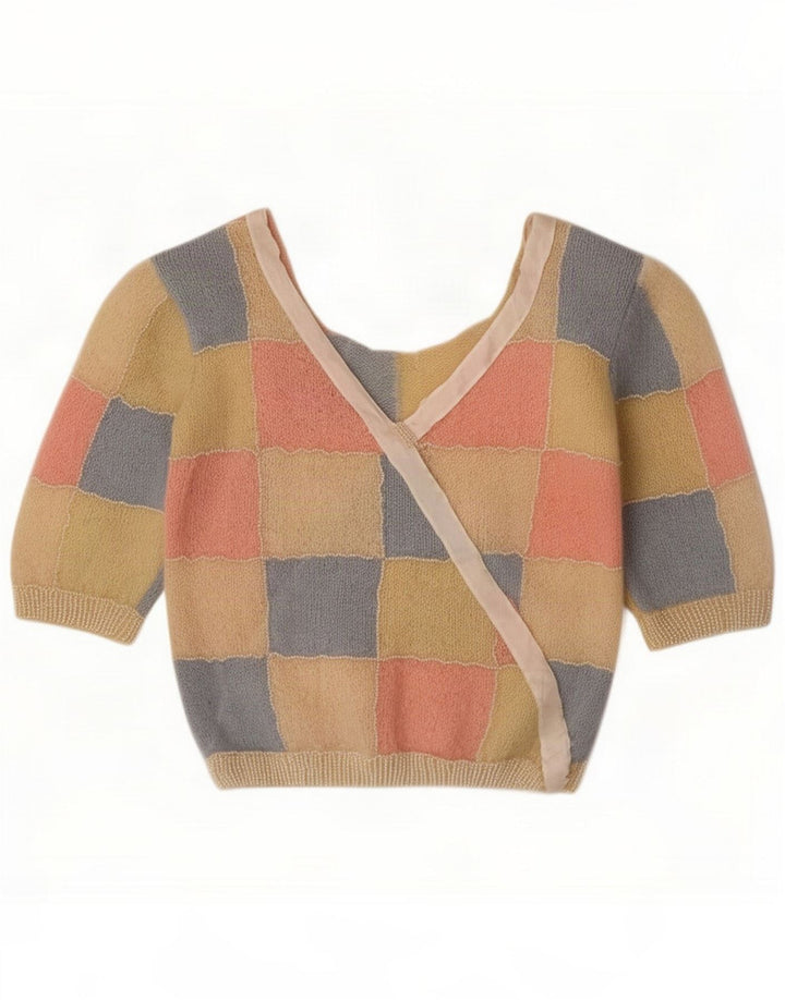 Vintage Womens V-Neck Jumper Sweater UK 10 Small Multicoloured Patchwork