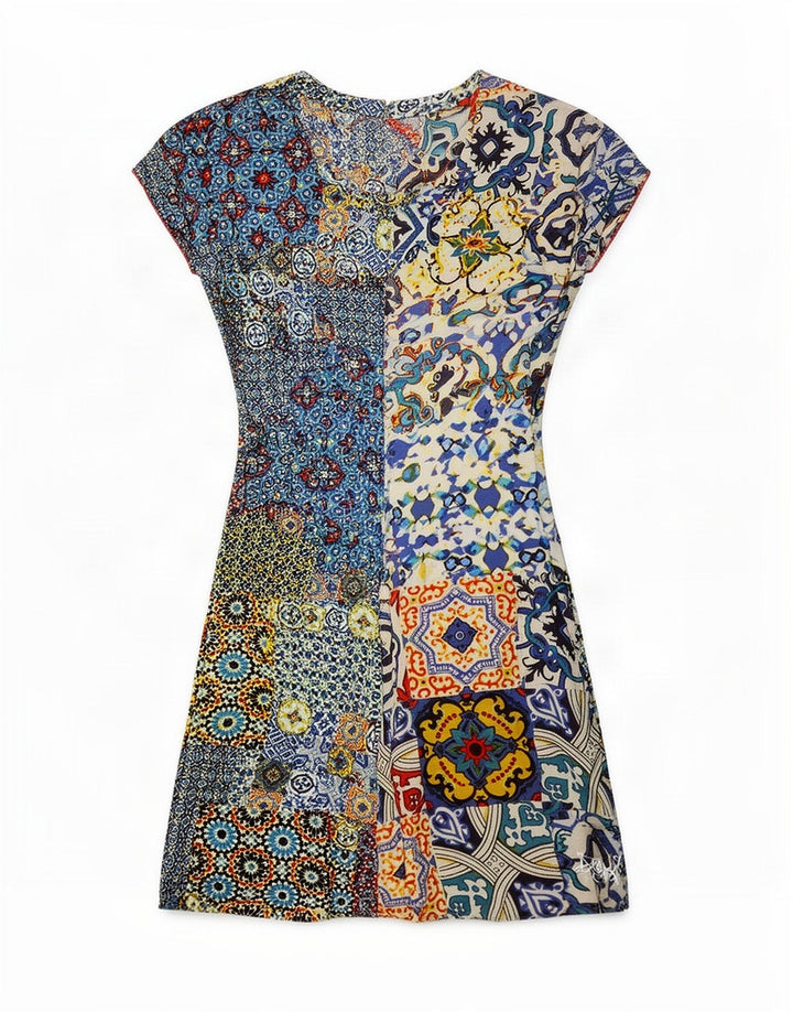 Desigual Womens Graphic A-Line Dress EU 38 Medium Multicoloured Patchwork