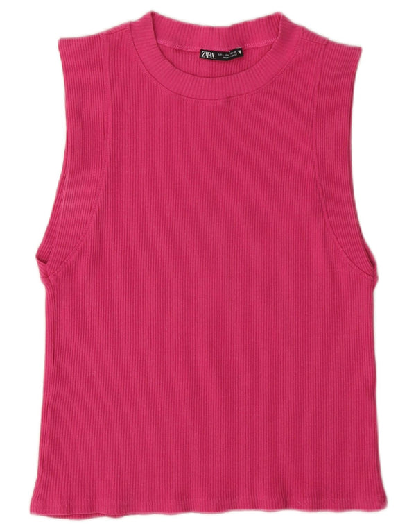 Zara Womens Crop Vest Top UK 14 Large Pink Cotton