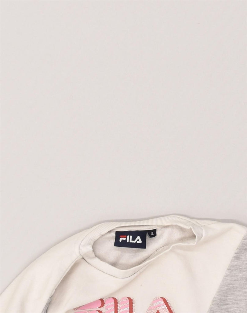 FILA Girls Crop Graphic Sweatshirt Jumper 11-12 Years White Colourblock | Vintage Fila | Thrift | Second-Hand Fila | Used Clothing | Messina Hembry 