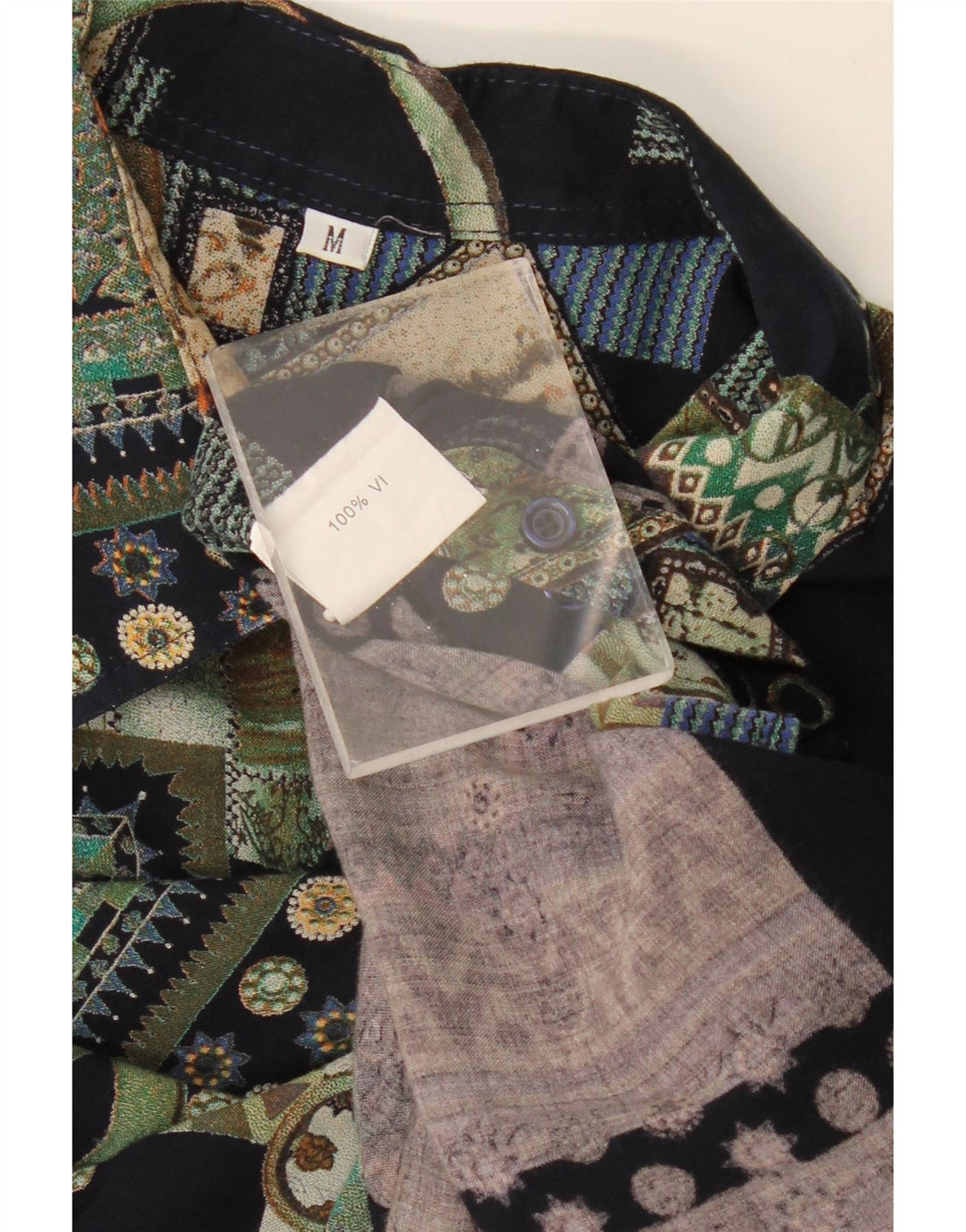 VINTAGE Mens Short Sleeve Shirt Medium Black Patchwork Viscose