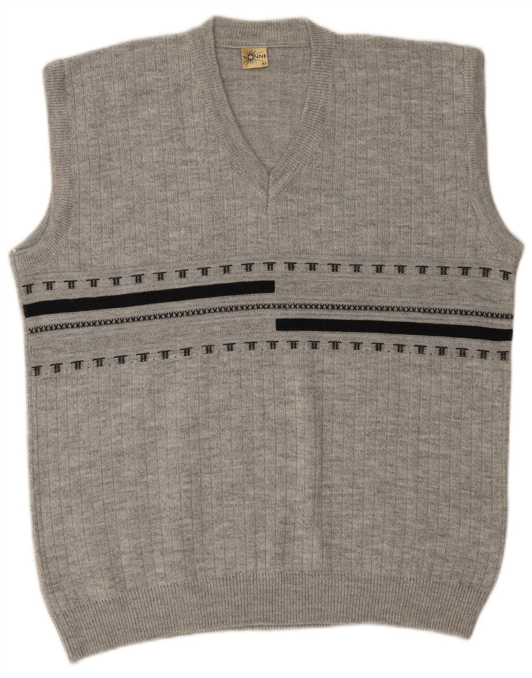 VINTAGE Mens Vest Tank Top XL Grey Striped Acrylic
