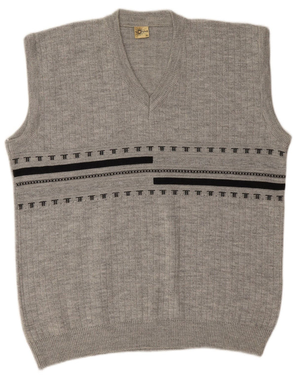 VINTAGE Mens Vest Tank Top XL Grey Striped Acrylic