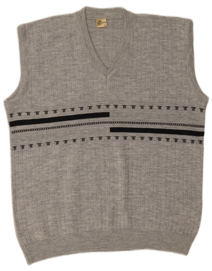 VINTAGE Mens Vest Tank Top XL Grey Striped Acrylic