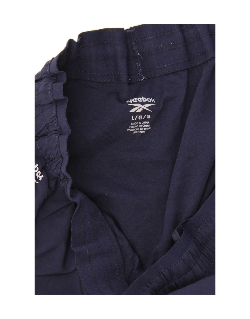 REEBOK Womens Graphic Sport Shorts UK 14 Large  Navy Blue Vintage Reebok and Second-Hand Reebok from Messina Hembry 