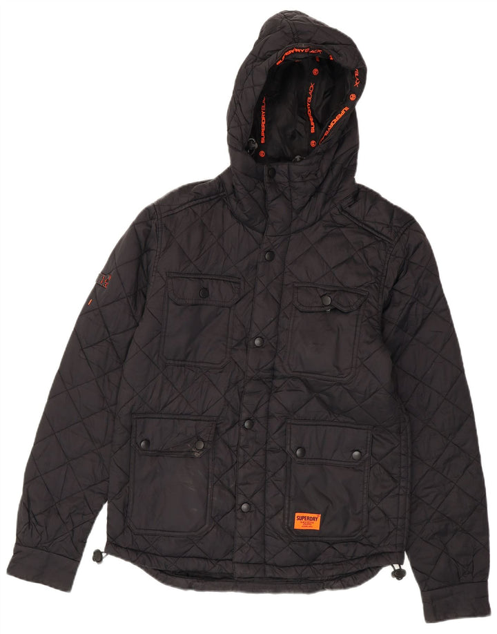 SUPERDRY Mens Hooded Quilted Jacket UK 36 Small Black Nylon