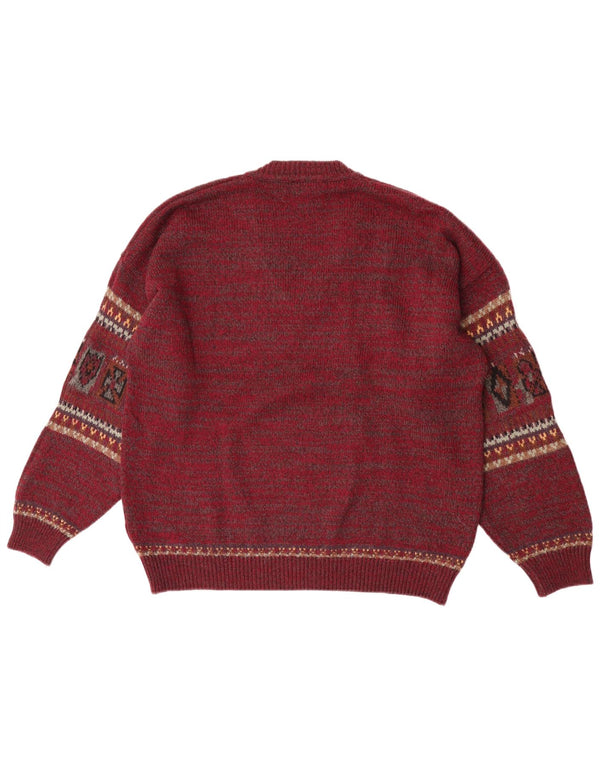 Fiume Mens V-Neck Jumper Sweater Large Burgundy Fair Isle Wool