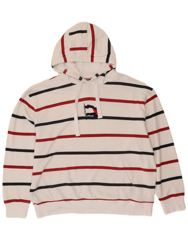 TOMMY HILFIGER Mens Hoodie Jumper 2XL White Striped Cotton