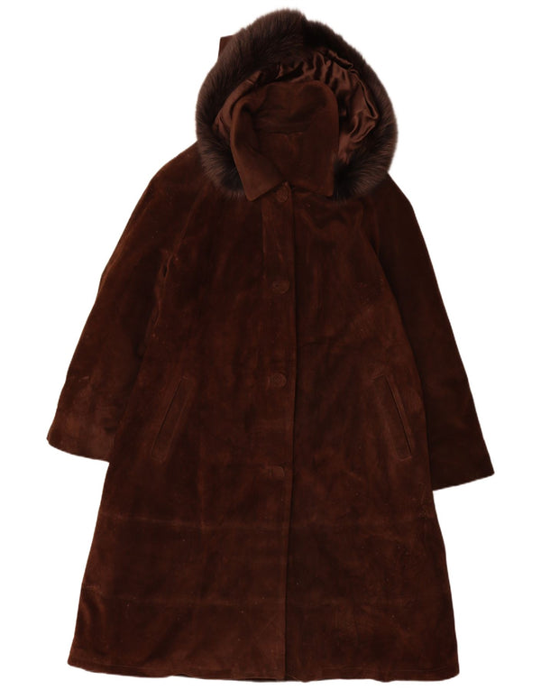 Vintage Womens Hooded Suede Overcoat UK 14 Large Brown Leather