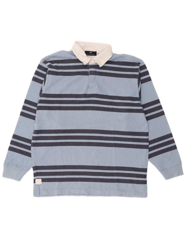 Marks & Spencer Mens Long Sleeve Rugby Polo Shirt Small Blue Striped Cotton