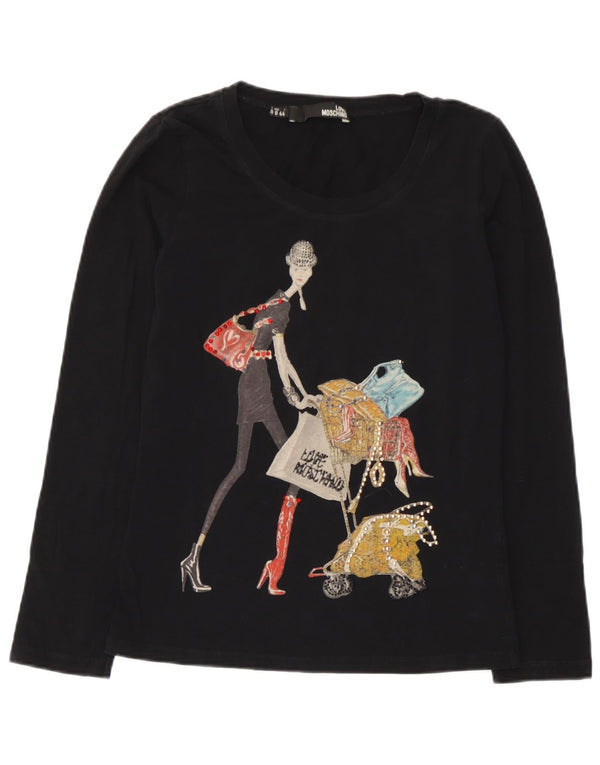 Moschino Womens Graphic Top Long Sleeve UK 12 Medium Black