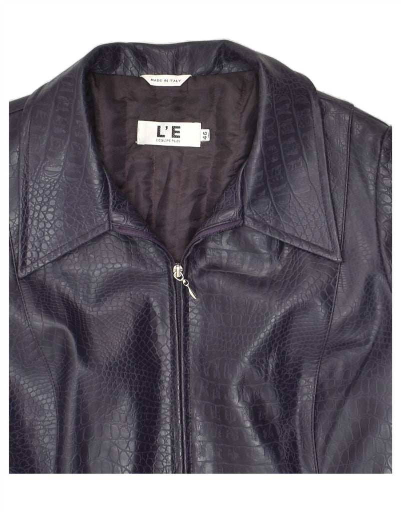 L'EQUIPE Womens Leather Jacket IT 46 Large Navy Blue Animal Print | Vintage L'Equipe | Thrift | Second-Hand L'Equipe | Used Clothing | Messina Hembry 