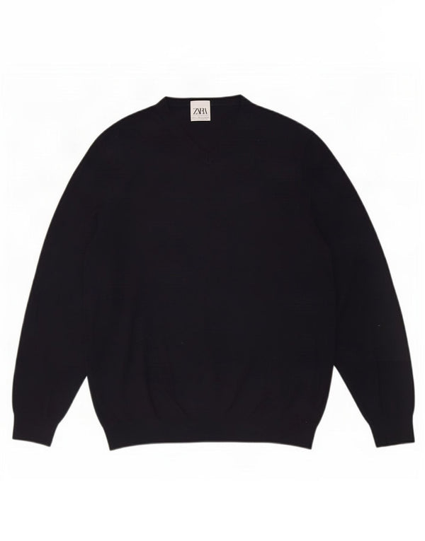 Zara Mens V-Neck Jumper Sweater Small Navy Blue