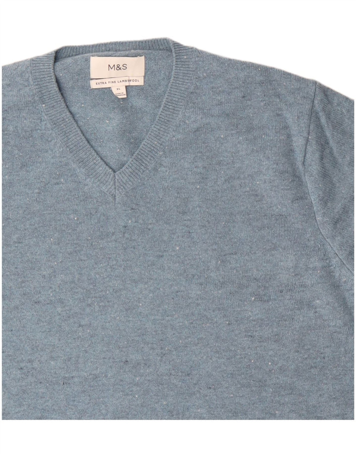 Marks & Spencer Mens V-Neck Jumper Sweater XL Blue Flecked Lambswool