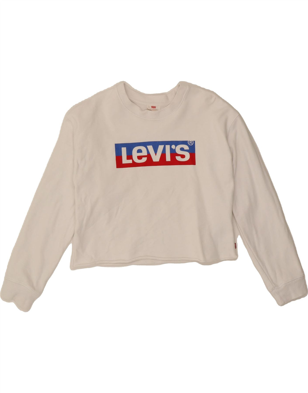 LEVI'S Womens Oversized Graphic Crop Sweatshirt Jumper UK 6 XS White Vintage Levi's and Second-Hand Levi's from Messina Hembry 