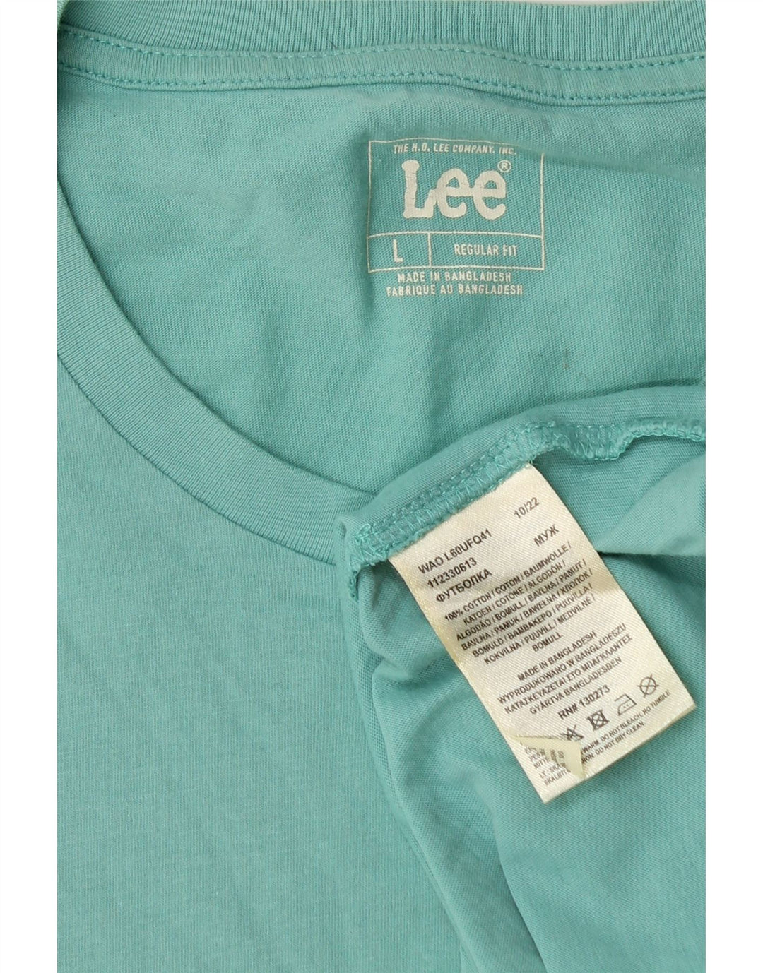LEE Mens Regular Fit T-Shirt Top Large Turquoise Cotton Vintage Lee and Second-Hand Lee from Messina Hembry 