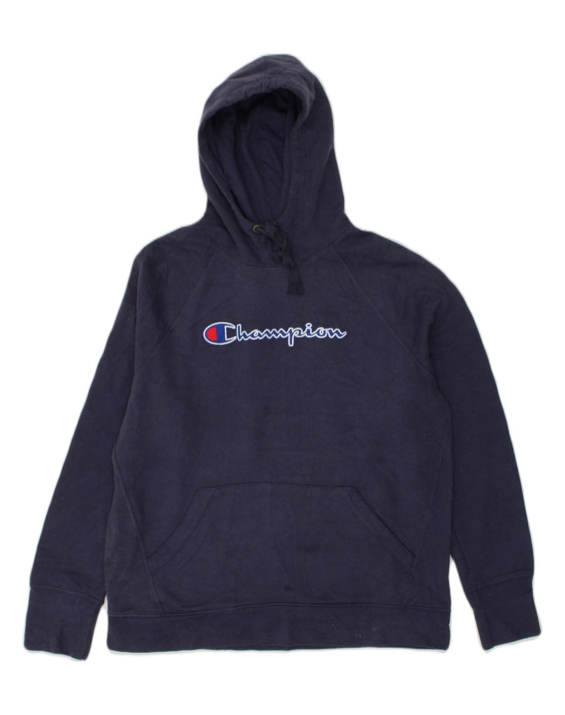 CHAMPION Womens Graphic Hoodie Jumper UK 16 Large Navy Blue Cotton | Vintage Champion | Thrift | Second-Hand Champion | Used Clothing | Messina Hembry 