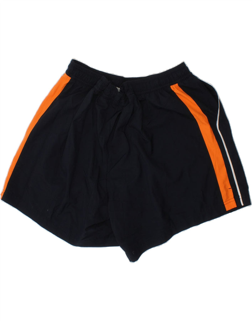 NIKE Womens High Waist Sport Shorts US 12/14 Large  Navy Blue Colourblock Vintage Nike and Second-Hand Nike from Messina Hembry 