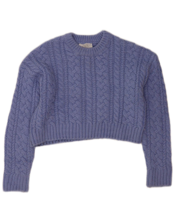 Zara Girls Crop Crew Neck Jumper Sweater 13-14 Years Blue Acrylic