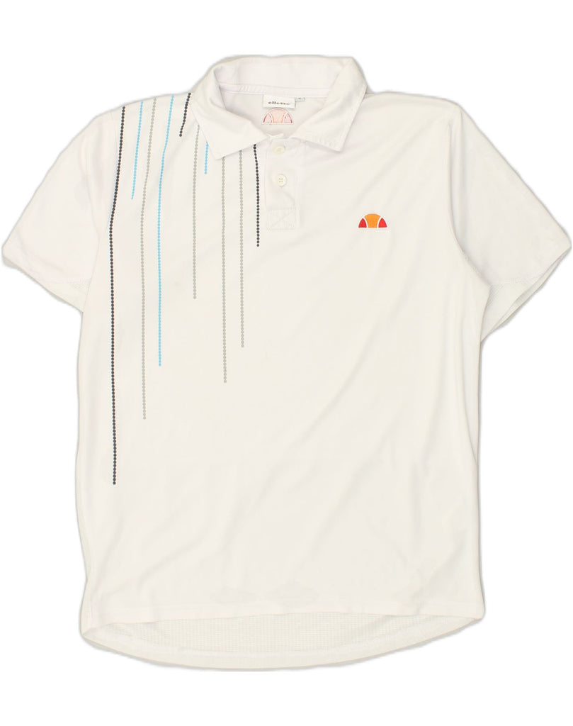 ELLESSE Mens Polo Shirt Small White Striped Polyester | Vintage Ellesse | Thrift | Second-Hand Ellesse | Used Clothing | Messina Hembry 