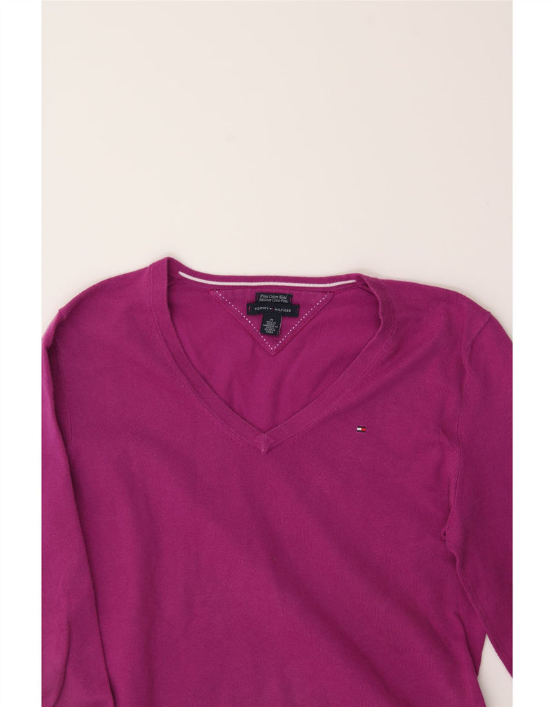 TOMMY HILFIGER Womens V-Neck Jumper Sweater UK 14 Medium Pink Cotton Vintage Tommy Hilfiger and Second-Hand Tommy Hilfiger from Messina Hembry 