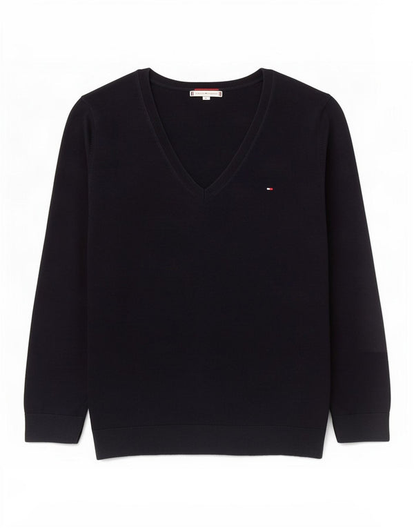 Tommy Hilfiger Womens V-Neck Jumper Sweater UK 12 Medium Navy Blue Cotton