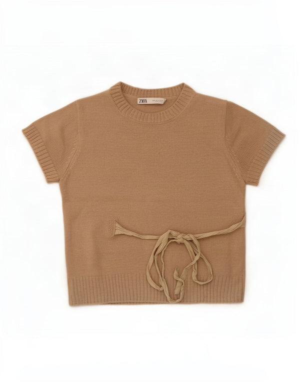 Zara Womens Crop Short Sleeve Crew Neck Jumper Sweater UK 10 Small Beige