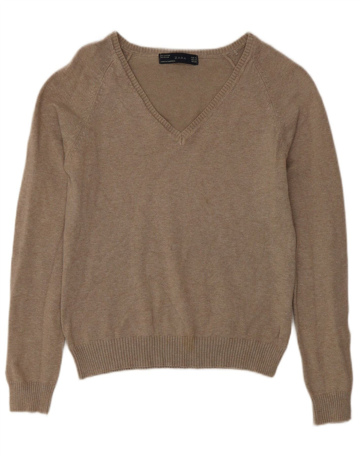 Zara Womens V-Neck Jumper Sweater UK 12 Medium Grey Cotton