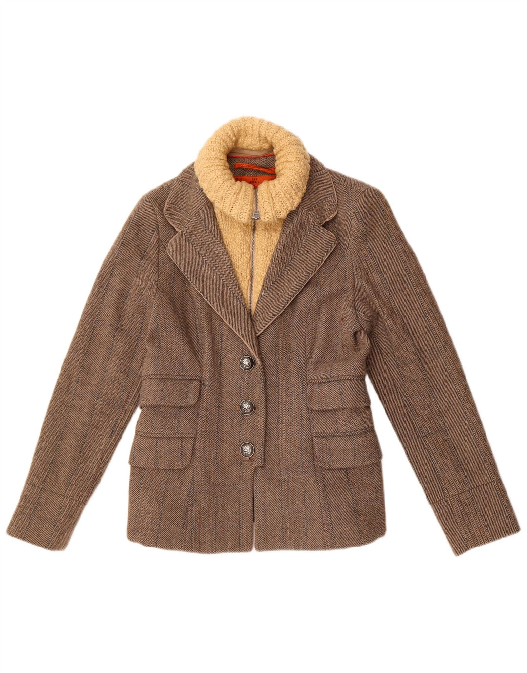 Superdry Womens 3 Button Blazer Jacket UK 14 Large Grey Herringbone Wool