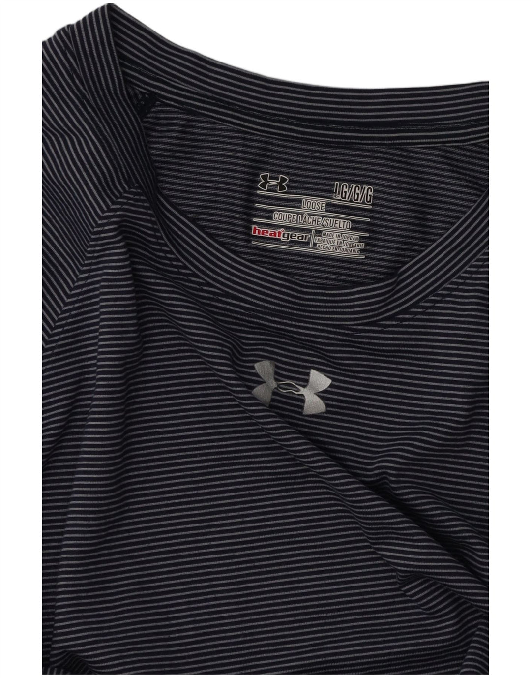 UNDER ARMOUR Womens Heat Gear T-Shirt Top UK 16 Large Navy Blue Pinstripe